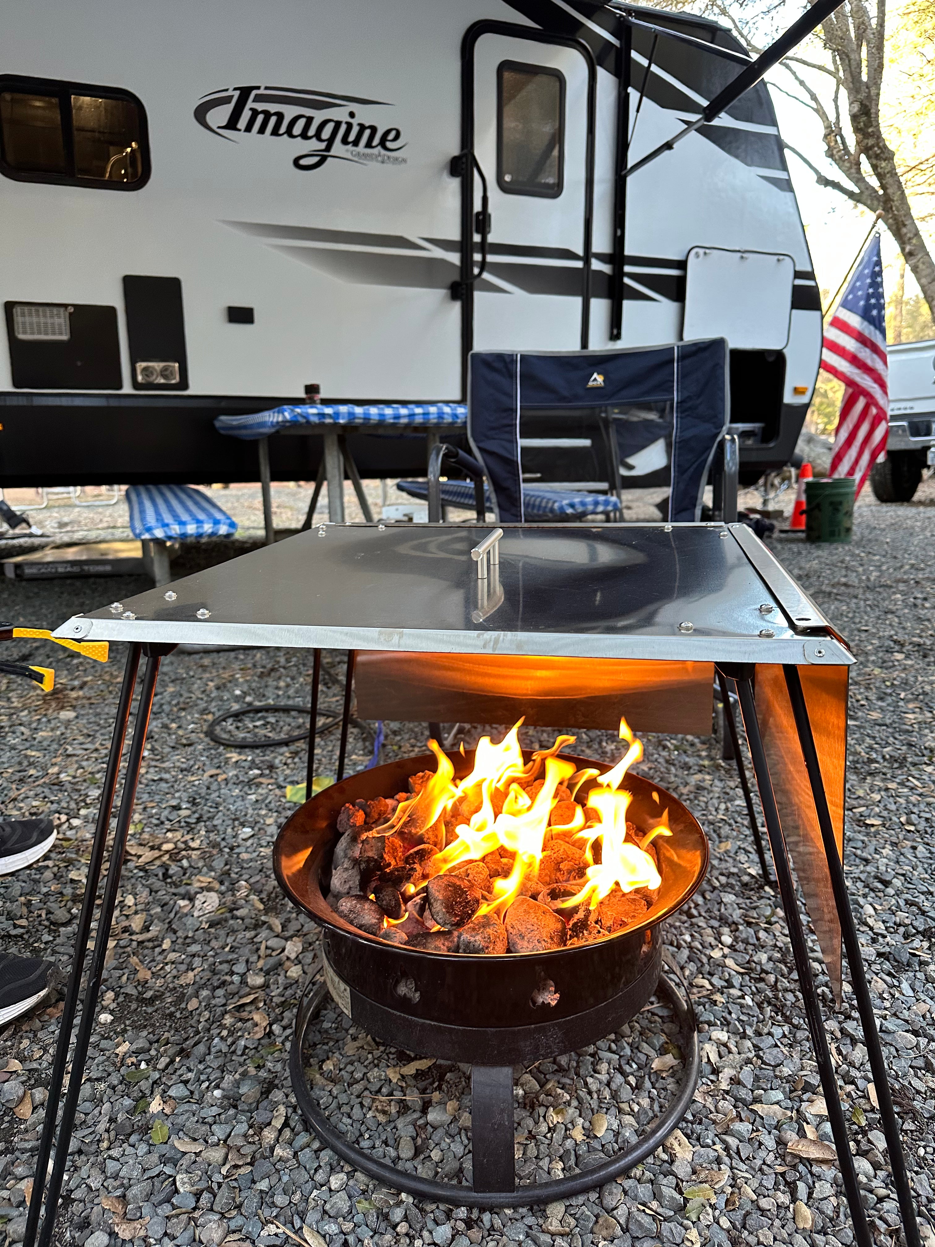 The New "MUST HAVE" for Camping. Heat Warden® USA QUALITY 24"x 24" Camping Square Heat Deflector with 24" Foldable Legs. (See menu above for Specs.)